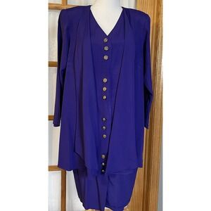 80s Luci Pellini Built-in Jacket Dress Sz 14 Purplish Blue Button Up USA Formal